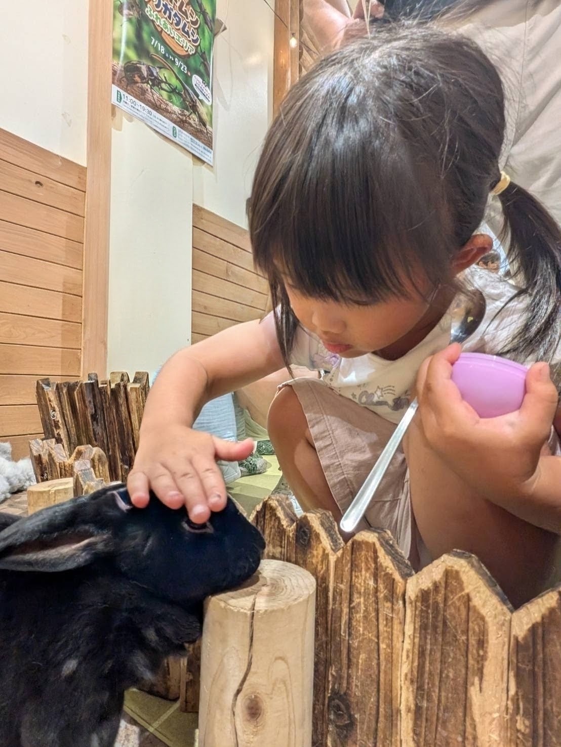 黒いうさぎをやさしくなでる子ども